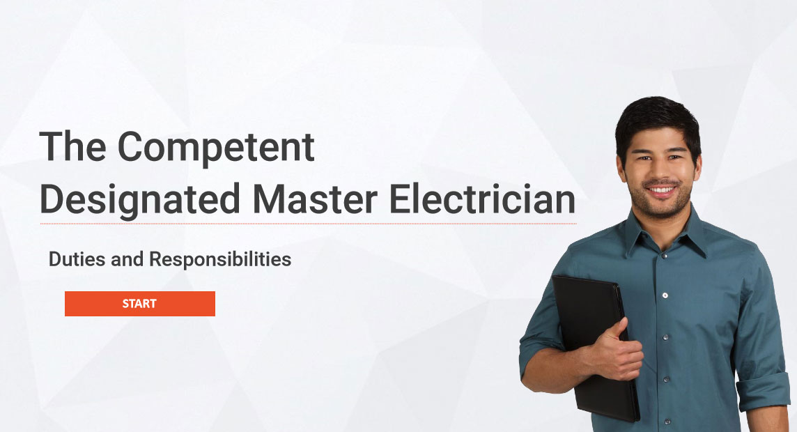 man holding laptop with text the Competent Designated Master Electrician
