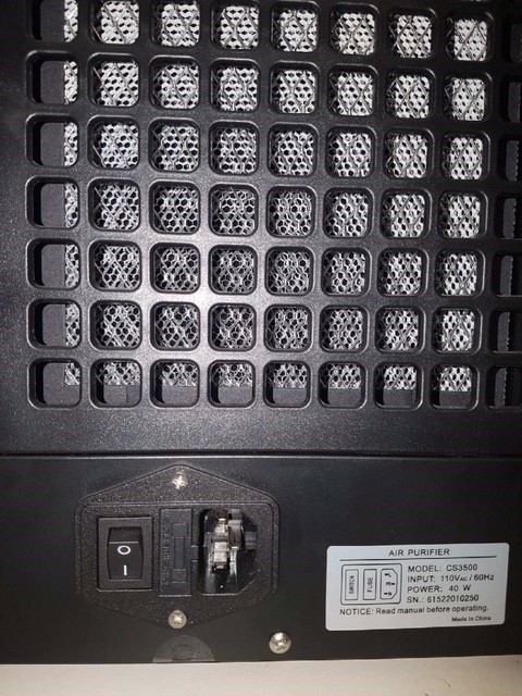 Air Purifier showing label with voltage and model information
