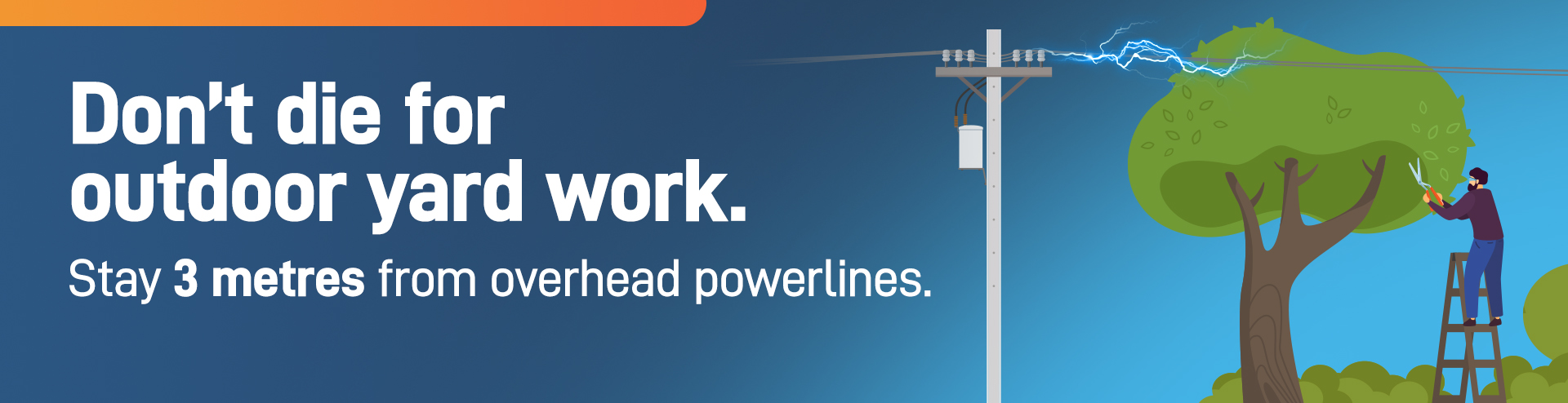 Don't die for outdoor yard work. Stay 3 metres from overhead powerlines.